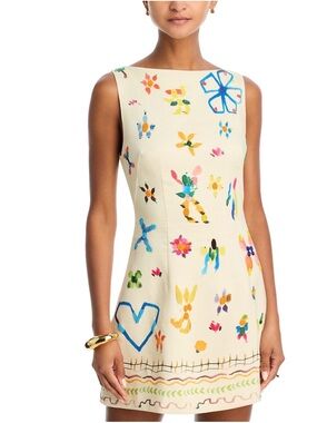 Alemais Cream Mini Dress with Multicolor Floral Motifs